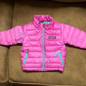 Patagonia Baby Down Sweater, pink with teal. New without tags